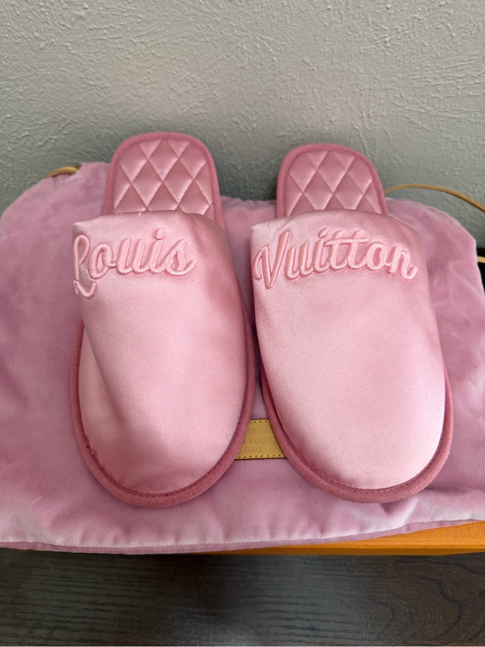 Louis Vuitton Soft Pink Quilted Satin Slide Slippers